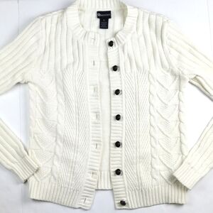 Northcrest Cream Cable Knit Ribbed Cardigan Sweater w Decorative Wooden …